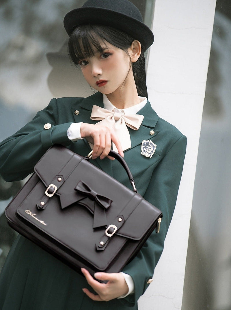 Short Jacket + Ribbon Blouse + Belted Jumper Skirt / Short Jacket + Ribbon Blouse + Suspender Dress