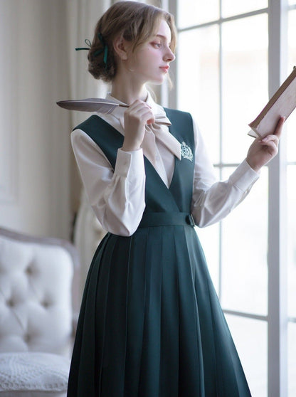 Short Jacket + Ribbon Blouse + Belted Jumper Skirt / Short Jacket + Ribbon Blouse + Suspender Dress