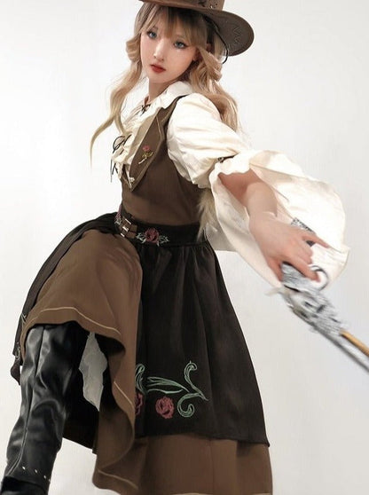 Lace-up Ruffle Blouse + Gold Line Dress With Brooch + Rose Embroidery Split Skirt