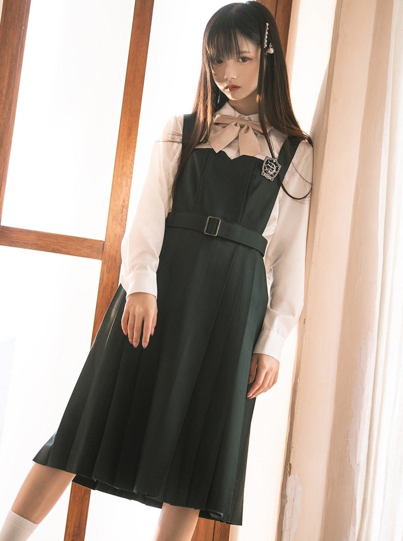 Short Jacket + Ribbon Blouse + Belted Jumper Skirt / Short Jacket + Ribbon Blouse + Suspender Dress