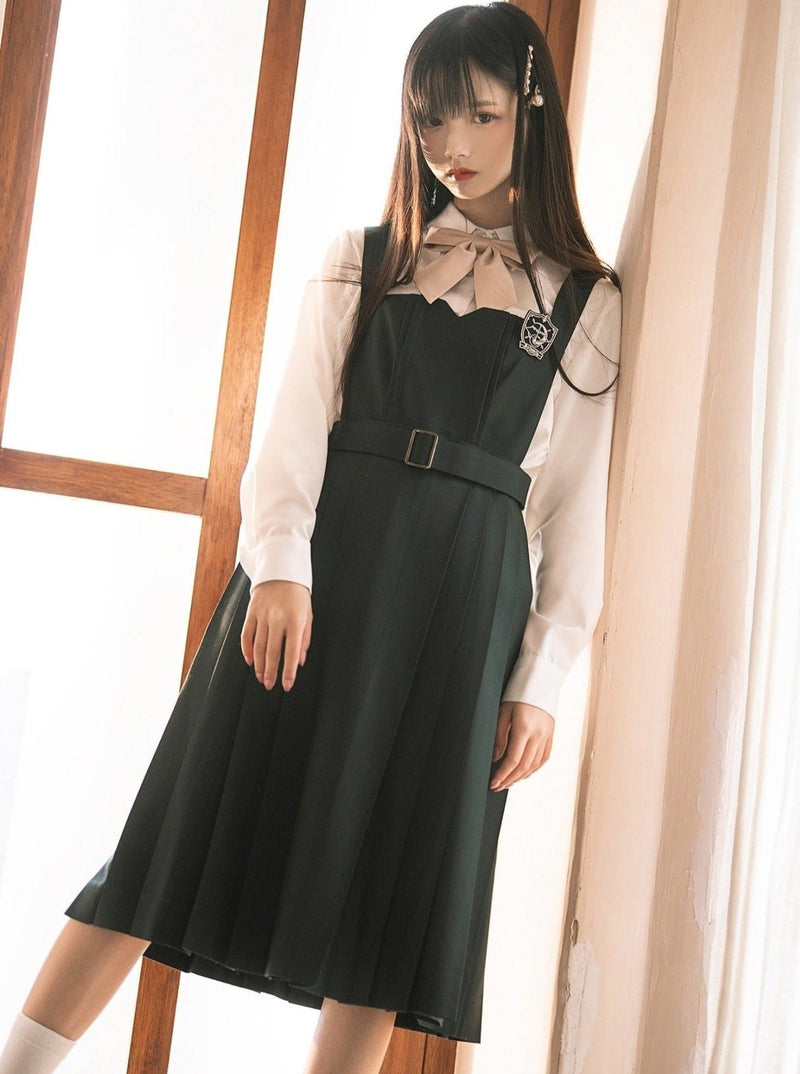 Short Jacket + Ribbon Blouse + Belted Jumper Skirt / Short Jacket + Ribbon Blouse + Suspender Dress
