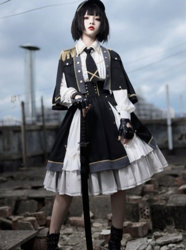Military Style Cape Jacket + Ruffled Blouse With Tie + Waist Marked Split Layered Skirt