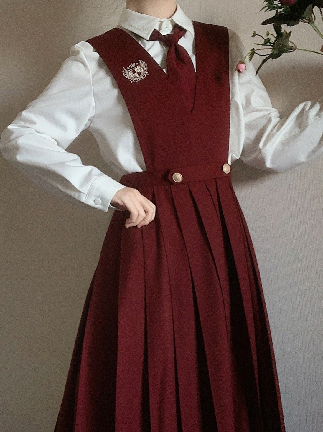 Emblem Short Jacket + Blouse With Embroidered Collar and Necktie + Bib Dress