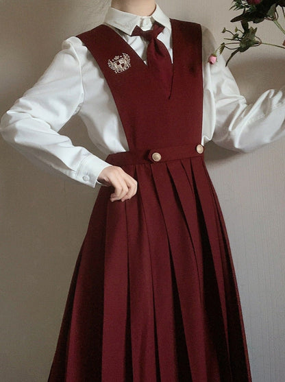 Emblem Short Jacket + Blouse With Embroidered Collar and Necktie + Bib Dress