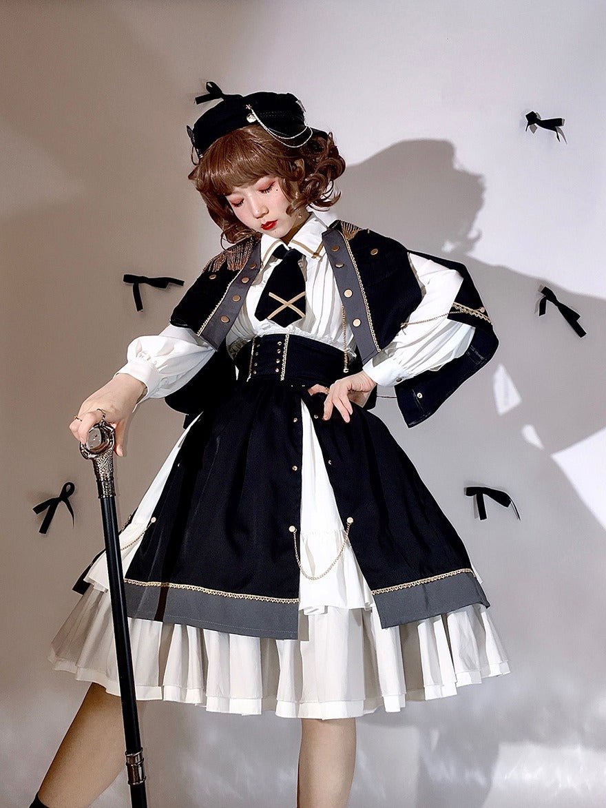 Military Style Cape Jacket + Ruffled Blouse With Tie + Waist Marked Split Layered Skirt