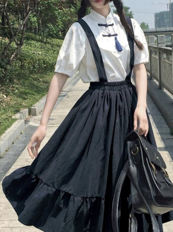 Flared Overalls Chinese-style Shirt Set