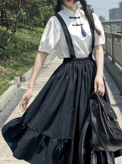 Flared Overalls Chinese-style Shirt Set