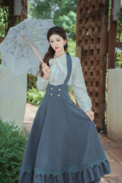 Lace Bow Tie Blouse + Halter Neck Back Lace Up Ruffle Skirt