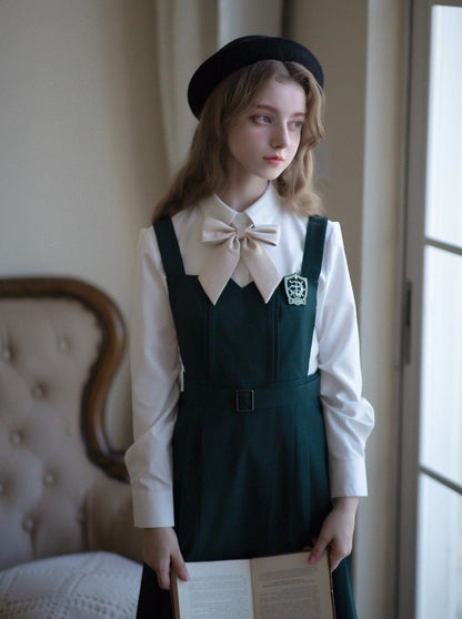 Short Jacket + Ribbon Blouse + Belted Jumper Skirt / Short Jacket + Ribbon Blouse + Suspender Dress