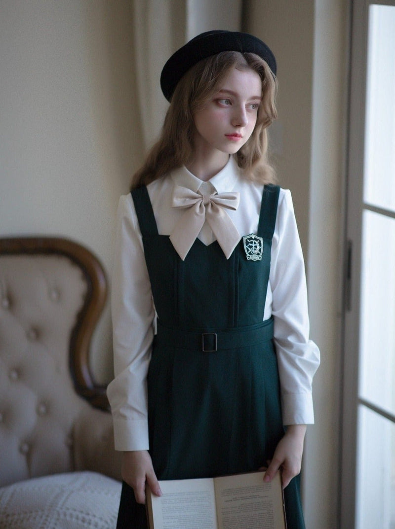 Short Jacket + Ribbon Blouse + Belted Jumper Skirt / Short Jacket + Ribbon Blouse + Suspender Dress