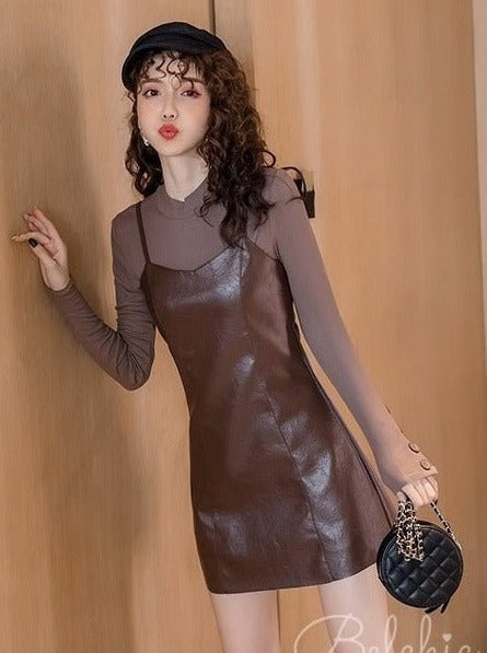 Cufflink Top + Leather-look Cami Dress