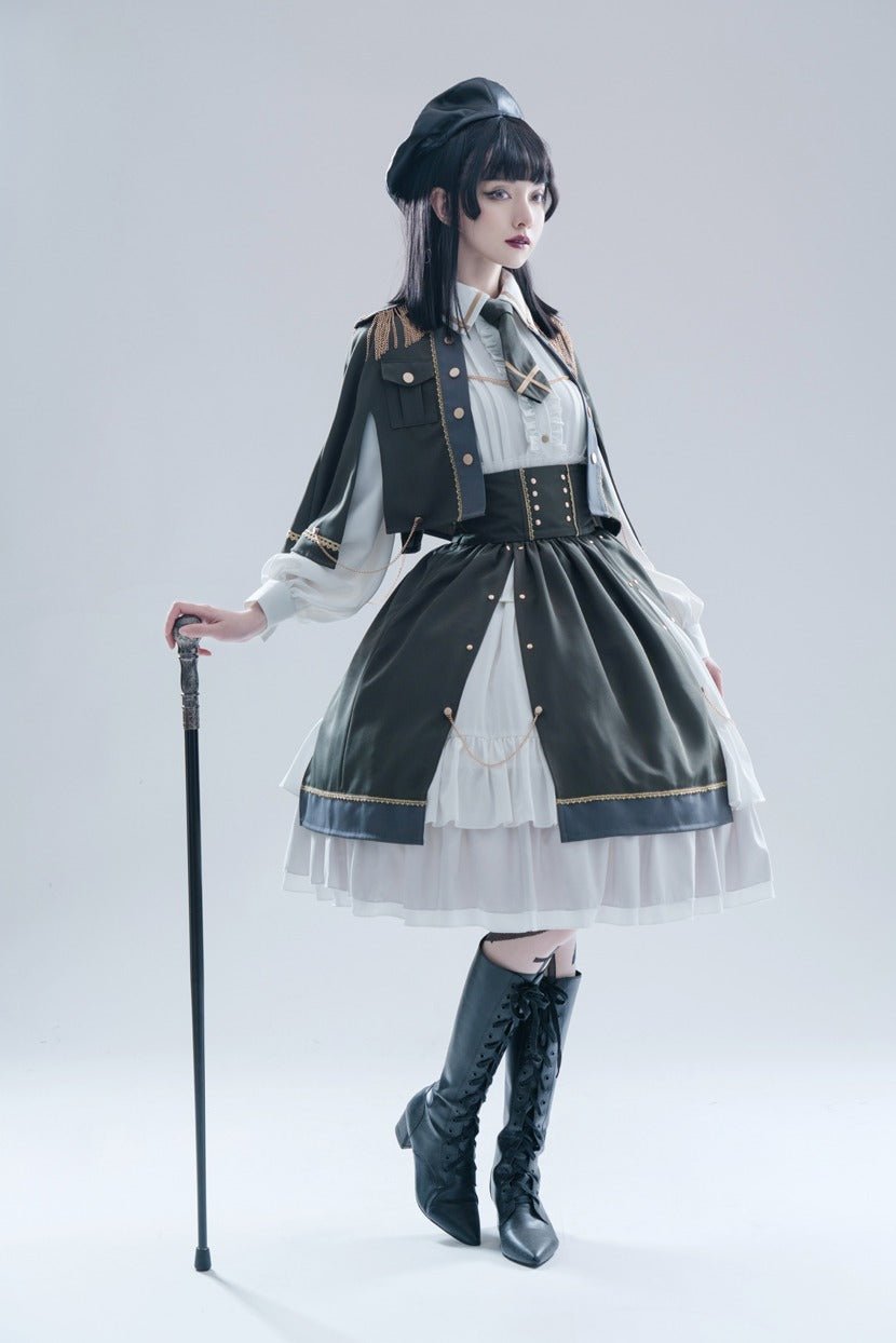 Military Style Cape Jacket + Ruffled Blouse With Tie + Waist Marked Split Layered Skirt