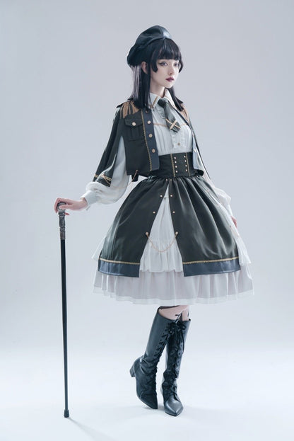 Military Style Cape Jacket + Ruffled Blouse With Tie + Waist Marked Split Layered Skirt