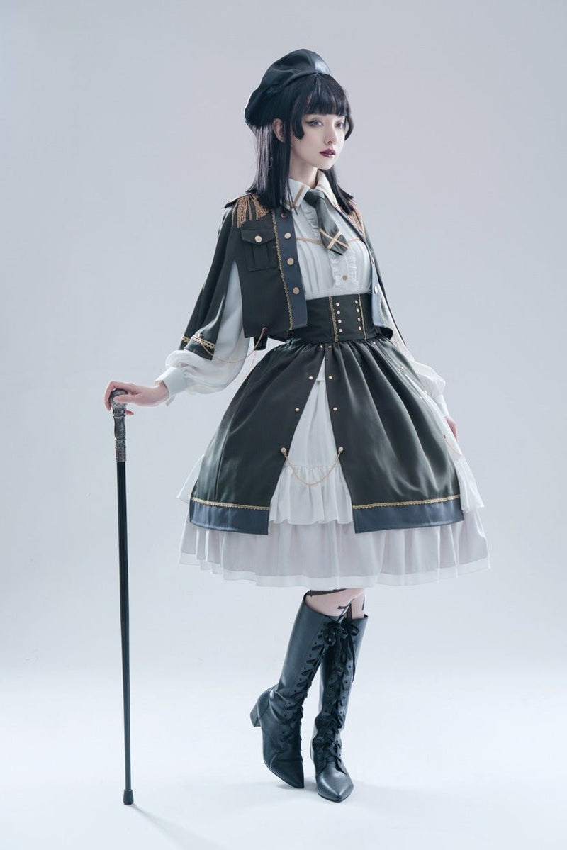 Military Style Cape Jacket + Ruffled Blouse With Tie + Waist Marked Split Layered Skirt
