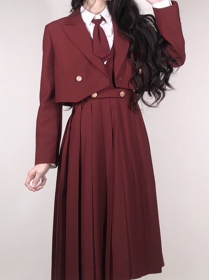 Emblem Short Jacket + Blouse With Embroidered Collar and Necktie + Bib Dress