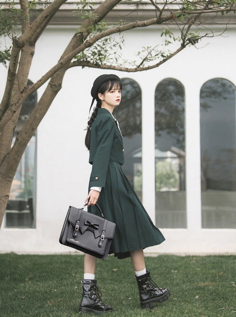 Short Jacket + Ribbon Blouse + Belted Jumper Skirt / Short Jacket + Ribbon Blouse + Suspender Dress