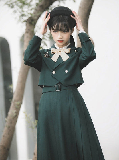 Short Jacket + Ribbon Blouse + Belted Jumper Skirt / Short Jacket + Ribbon Blouse + Suspender Dress