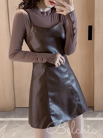 Cufflink Top + Leather-look Cami Dress