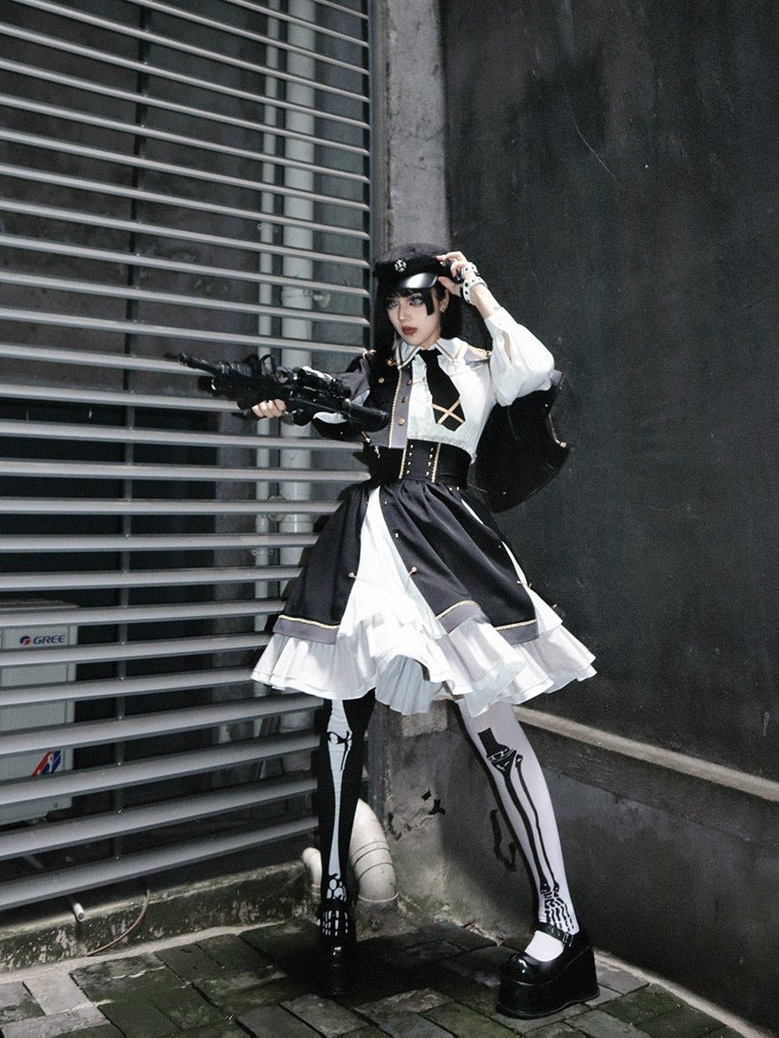 Military Style Cape Jacket + Ruffled Blouse With Tie + Waist Marked Split Layered Skirt