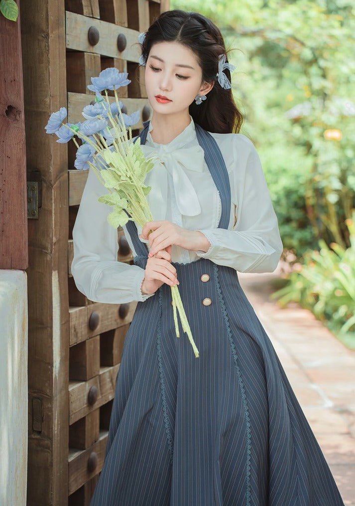 Lace Bow Tie Blouse + Halter Neck Back Lace Up Ruffle Skirt