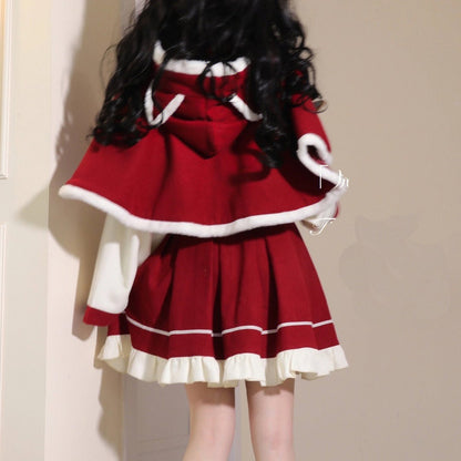 Chinese-style Blouse + Skirt + Cat Ears Hooded Cape Coat[christmas Eve Costume]