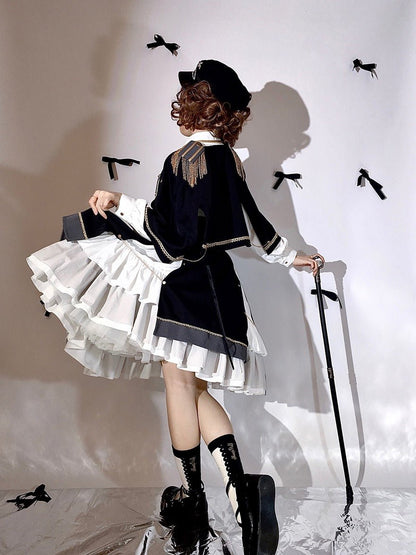 Military Style Cape Jacket + Ruffled Blouse With Tie + Waist Marked Split Layered Skirt