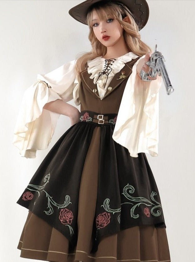 Lace-up Ruffle Blouse + Gold Line Dress With Brooch + Rose Embroidery Split Skirt