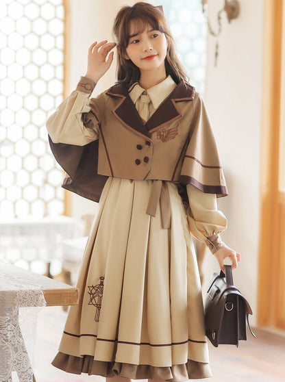 Cape Coat + Emblem Military Dress With Necktie