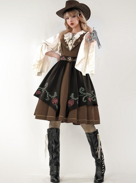 Lace-up Ruffle Blouse + Gold Line Dress With Brooch + Rose Embroidery Split Skirt