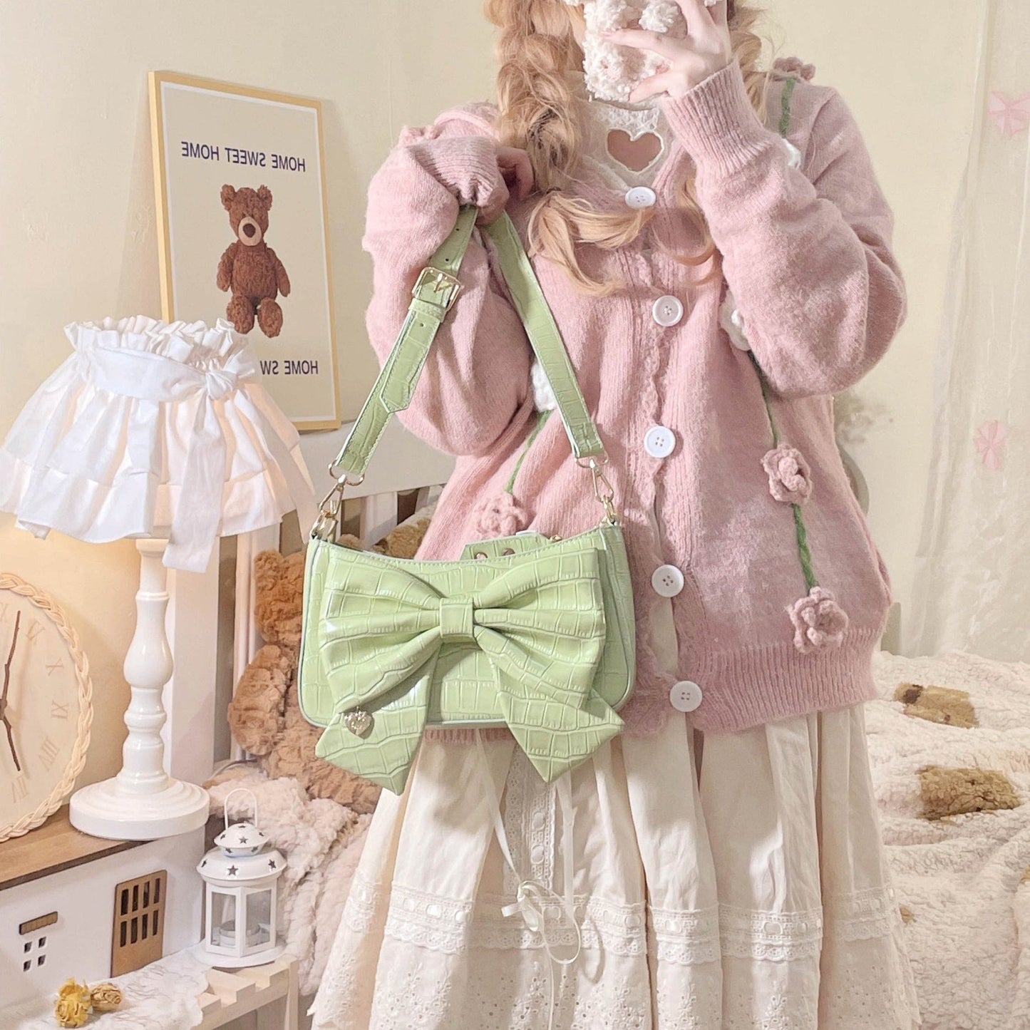 Heart Charm Bow Bag [short & Pearl Long Strap Included]