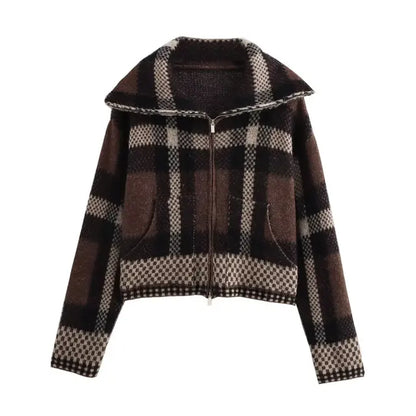 Plaid Knitted Cardigan Brown