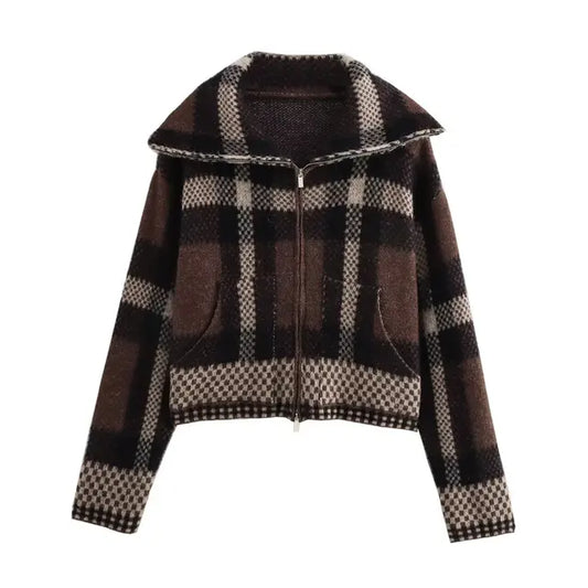 Plaid Knitted Cardigan Brown